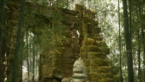 Las-Ruinas-De-Edificios-Antiguos-En-El-Bosque-De-Bambú-Verde